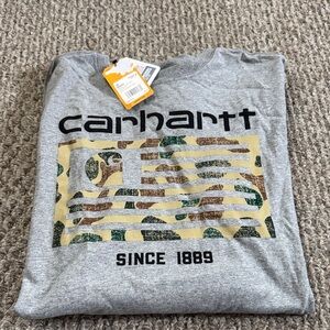 Carhartt Gray Long-Sleeve Tee with Camo Flag Graphic